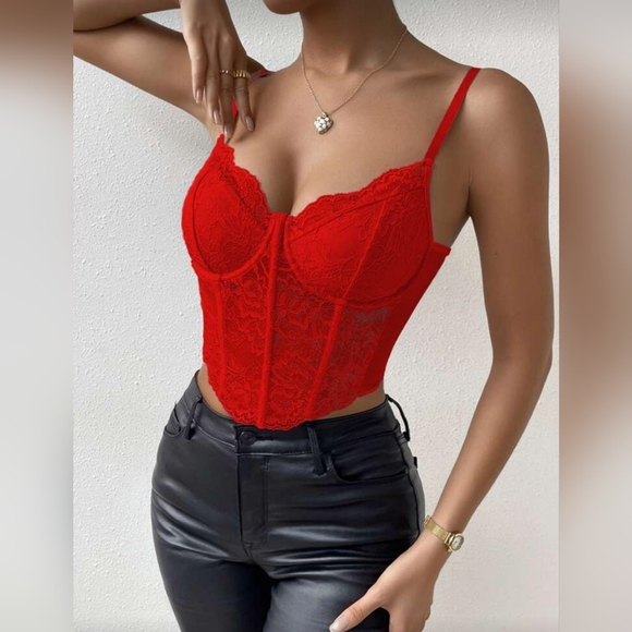 TOP RED Sleeveless floral lace top tube top bustier vest corset top red summer - Picture 10 of 14